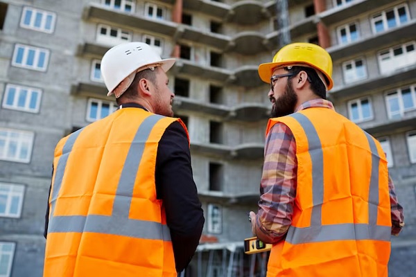 two workers in front of a building under construction