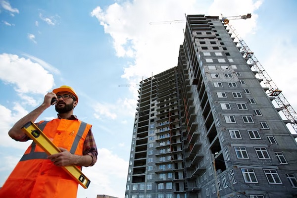 worker with tools next to a building under construction