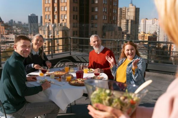 friends eating in a rooftop restaurants in istanbul