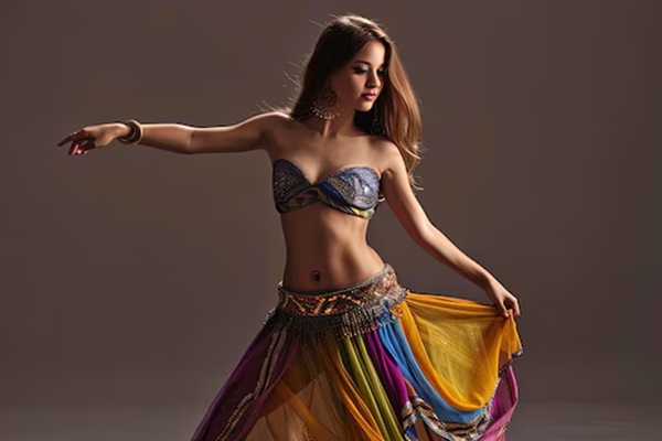 Close-up of a belly dancer in the studio
