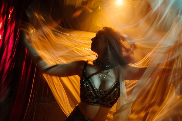 Woman in gold cloth and stage lighting