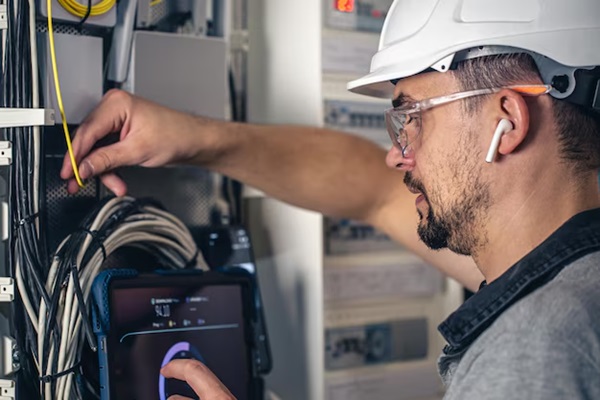 electrical technician working on a switchboard with fuses