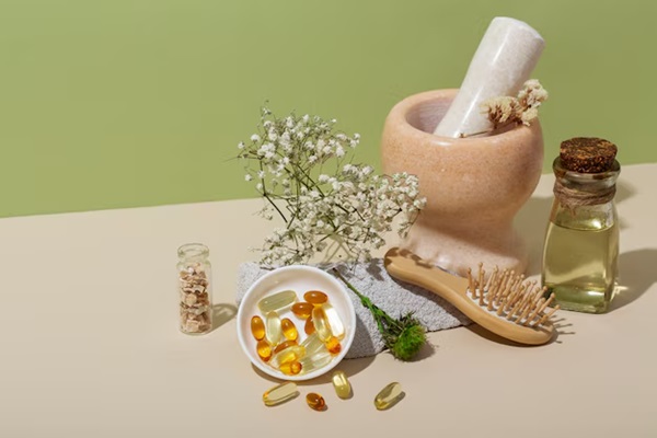 Arrangement of phytotherapy products high angle.