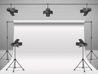 3d realistic photo, video studio with spotlights, white background