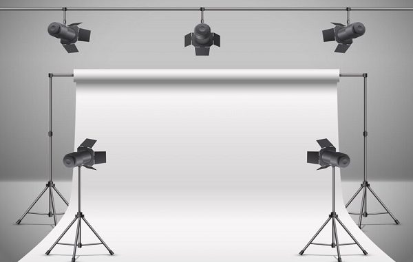 3d realistic photo, video studio with spotlights, white background