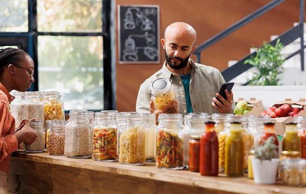 Arab man uses cell phone for eco products. Top 3 places to make the pantry in Istanbul, Turkey